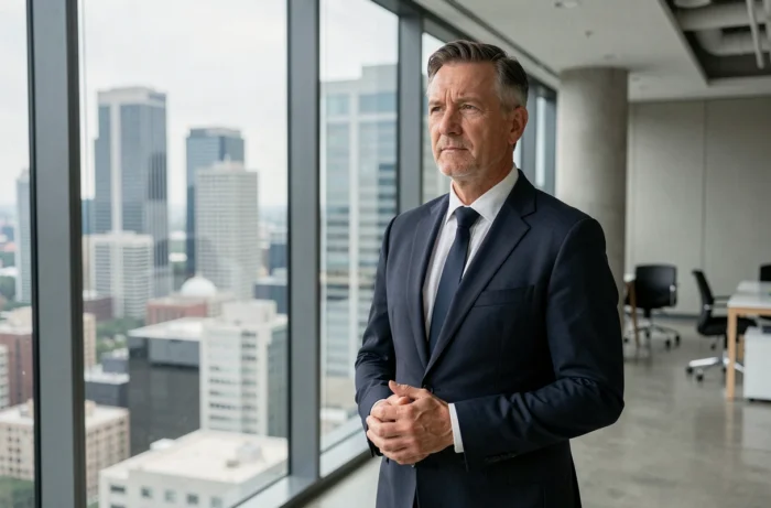 Portrait d'un homme d'affaires influent en costume sombre regardant un horizon urbain, évoquant les rumeurs sur le mariage d'Elon Musk en 2025