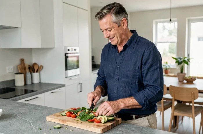 Homme préparant une salade fraîche et équilibrée dans une cuisine moderne pour une alimentation saine