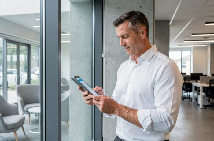 Homme utilisant une application bancaire sur tablette dans une agence bancaire moderne aux murs en béton