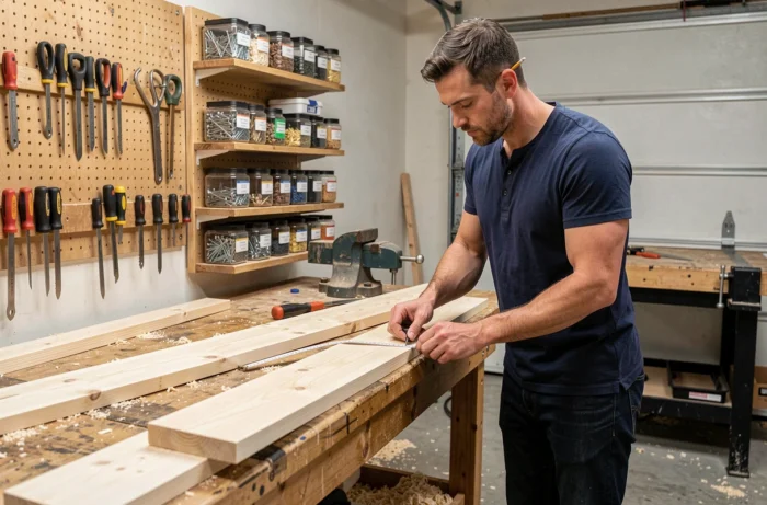 Homme mesurant une planche de bois dans un atelier de garage bien équipé, illustrant les économies réalisées grâce au bricolage à la maison