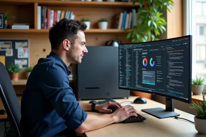 Homme travaillant depuis son bureau à domicile avec un PC fixe haut de gamme, clavier mécanique et écran ultrawide pour optimiser sa productivité
