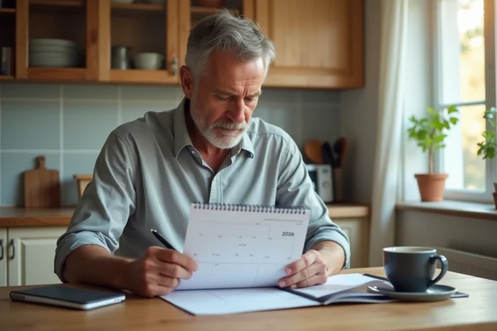Homme planifiant les dates d'un chèque différé Leclerc sur un calendrier 2026 à la maison