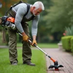 Homme utilisant un coupe-bordures thermique pour entretenir les bordures d'un jardin soigné