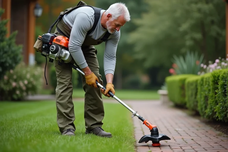 Homme utilisant un coupe-bordures thermique pour entretenir les bordures d'un jardin soigné