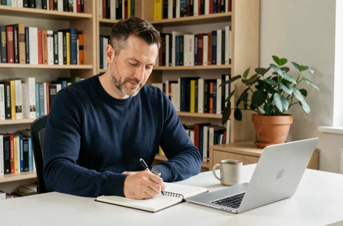Homme entrepreneur travaillant dans un bureau à domicile minimaliste, prenant des notes dans un carnet à côté d'un ordinateur portable