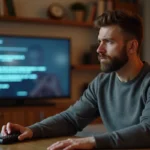 Homme frustré devant un écran de télévision affichant un code erreur S01-06 Orange dans un salon moderne