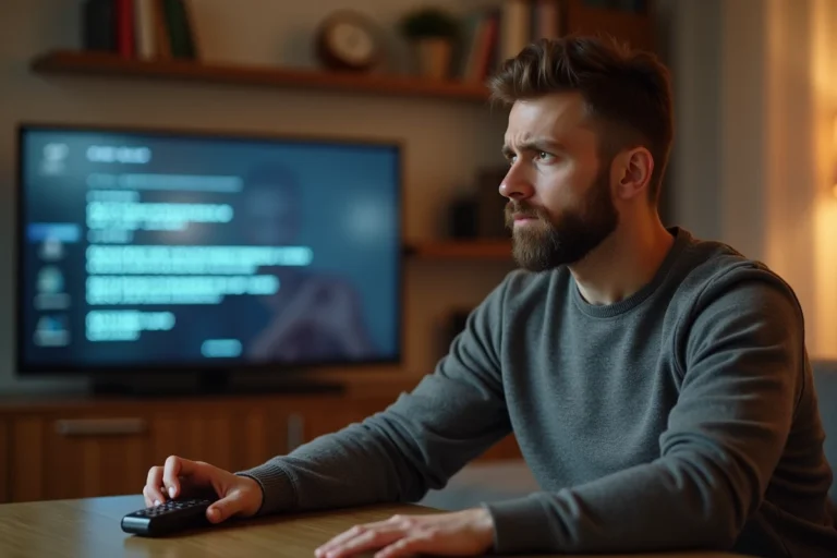 Homme frustré devant un écran de télévision affichant un code erreur S01-06 Orange dans un salon moderne