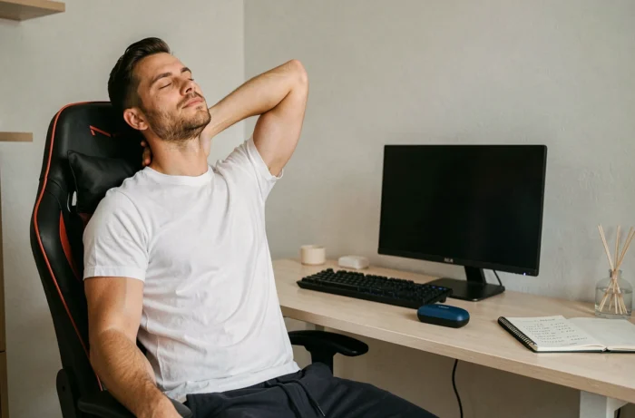 Homme qui s'étire et se détend après une session de jeux vidéo pour préparer une meilleure nuit de sommeil