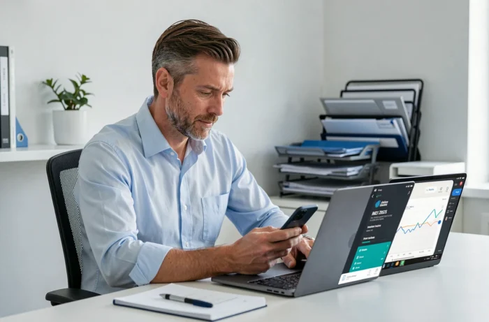 Homme gérant ses finances personnelles sur ordinateur portable et smartphone dans un bureau à domicile bien organisé