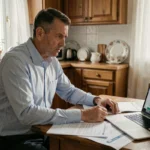 Un homme en mi-quarantaine examine des documents liés à une mise à pied conservatoire à son domicile, air préoccupé, ordinateur portable ouvert sur une recherche d'emploi en intérim