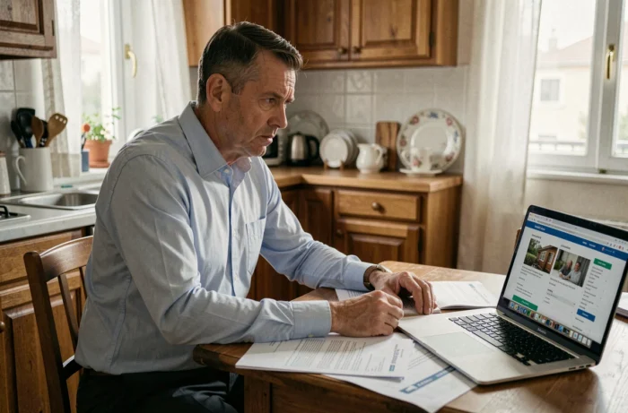 Un homme en mi-quarantaine examine des documents liés à une mise à pied conservatoire à son domicile, air préoccupé, ordinateur portable ouvert sur une recherche d'emploi en intérim