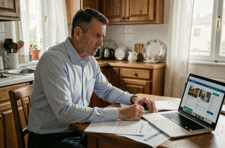 Un homme en mi-quarantaine examine des documents liés à une mise à pied conservatoire à son domicile, air préoccupé, ordinateur portable ouvert sur une recherche d'emploi en intérim