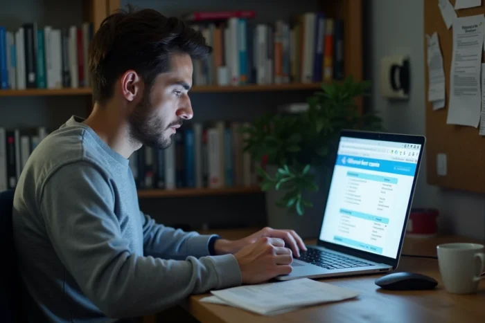 Homme consultant le site gouvernemental de la prime d'activité sur un ordinateur portable dans un bureau à domicile