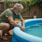 Homme ajustant une piscine autoportée qui penche dans un jardin résidentiel