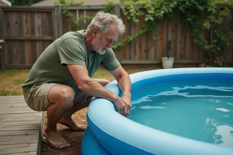 Homme ajustant une piscine autoportée qui penche dans un jardin résidentiel