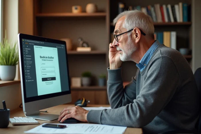 Homme senior en pull gris tentant de résoudre un problème d'authentification sur le portail FranceConnect depuis son bureau à domicile