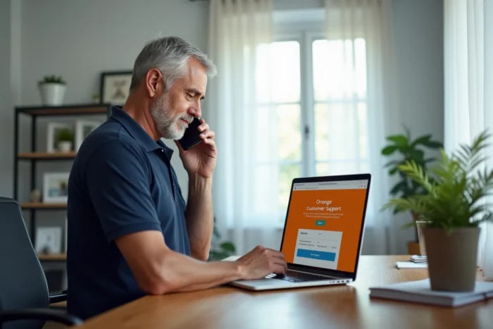 Homme contactant le service client Orange par téléphone pour résoudre une erreur S01-06