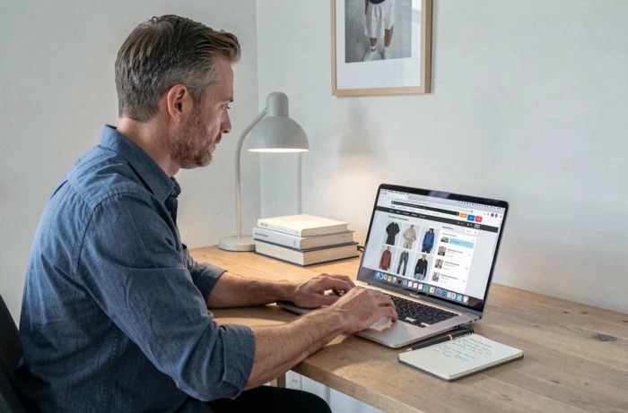 Homme parcourant un site de mode en ligne sur son ordinateur portable depuis un bureau minimaliste à domicile, prenant des notes sur ses achats