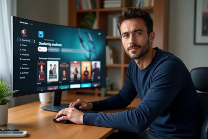 Homme consultant un nouveau site de streaming tendance sur un grand écran d'ordinateur dans un bureau à domicile