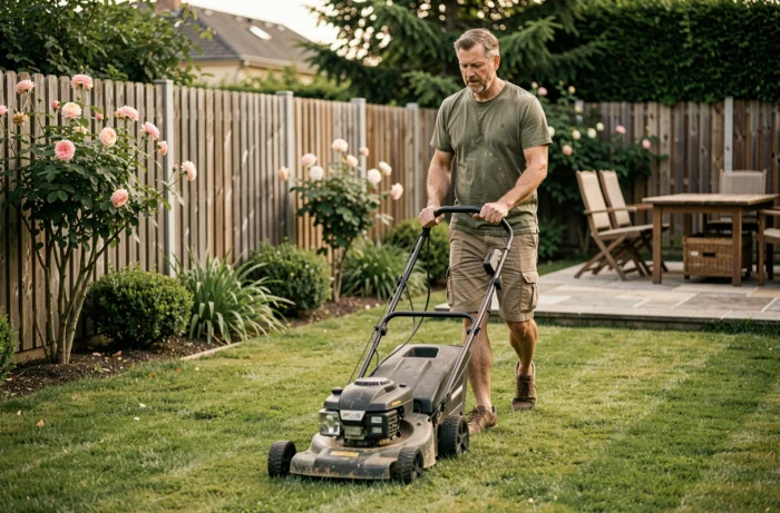 Homme utilisant une tondeuse électrique filaire dans un jardin résidentiel bien entretenu