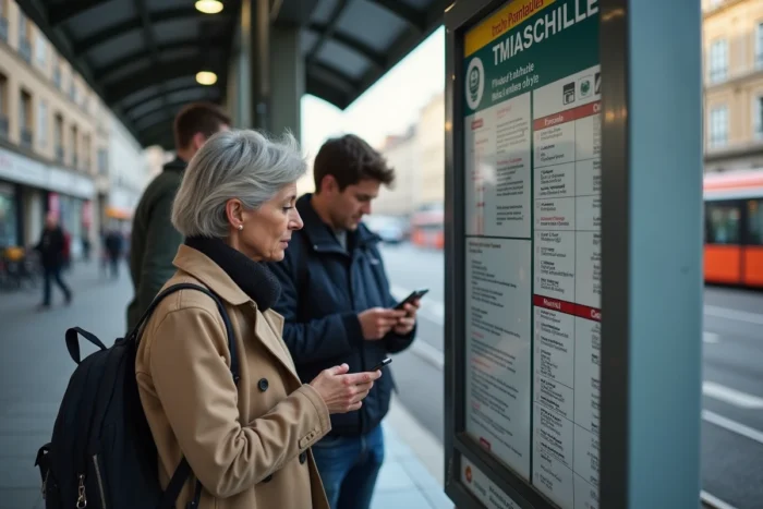 Voyageurs consultant les horaires affichés à un arrêt de tramway ligne 2 à Nantes