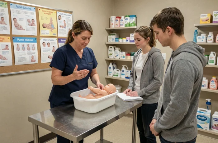 Infirmière pédiatrique montrant la technique du bain de bébé à de jeunes parents dans une salle de formation hospitalière