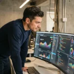 Ingénieur en technologie travaillant sur des tableaux de bord numériques innovants dans un bureau moderne