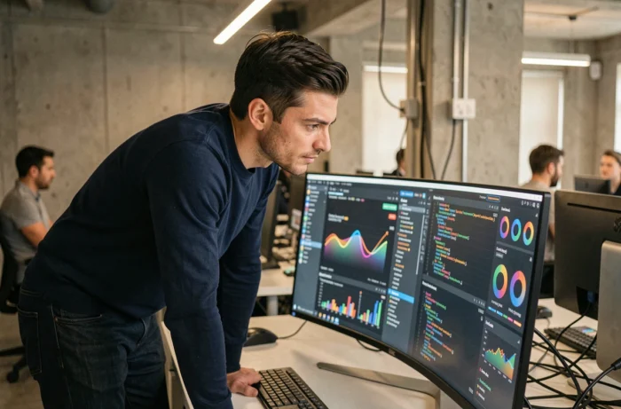 Ingénieur en technologie travaillant sur des tableaux de bord numériques innovants dans un bureau moderne