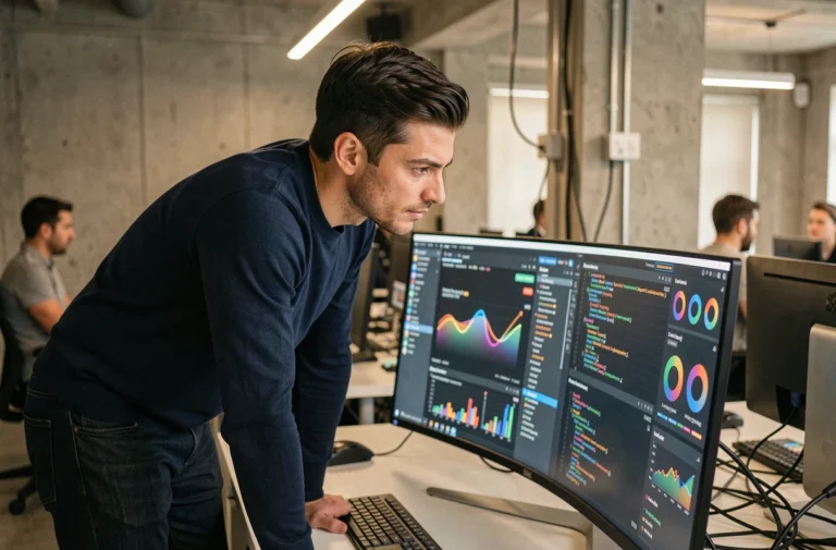 Ingénieur en technologie travaillant sur des tableaux de bord numériques innovants dans un bureau moderne