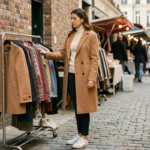 Femme en manteau camel tendance faisant du shopping dans un marché urbain parisien, inspiration garde-robe urbaine automne