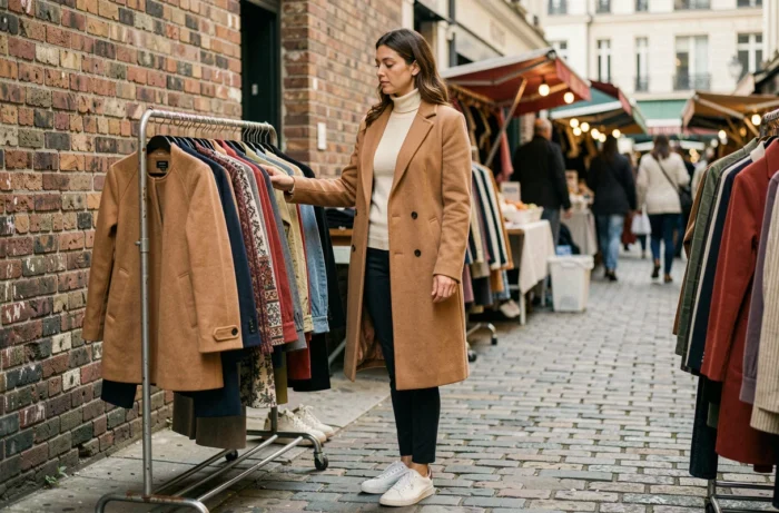 Femme en manteau camel tendance faisant du shopping dans un marché urbain parisien, inspiration garde-robe urbaine automne