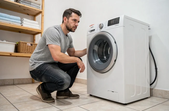 Homme installant un lave-linge dans une buanderie domestique propre et bien organisée