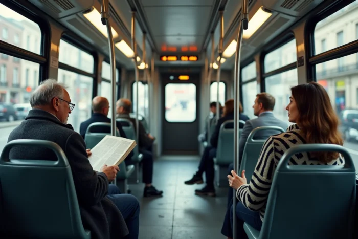 Intérieur du tramway ligne 2 de Nantes avec des passagers assis et debout pendant l'heure de pointe