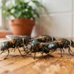 Gros plan de mouches domestiques posées sur un rebord de fenêtre en bois dans une cuisine, détails macro réalistes