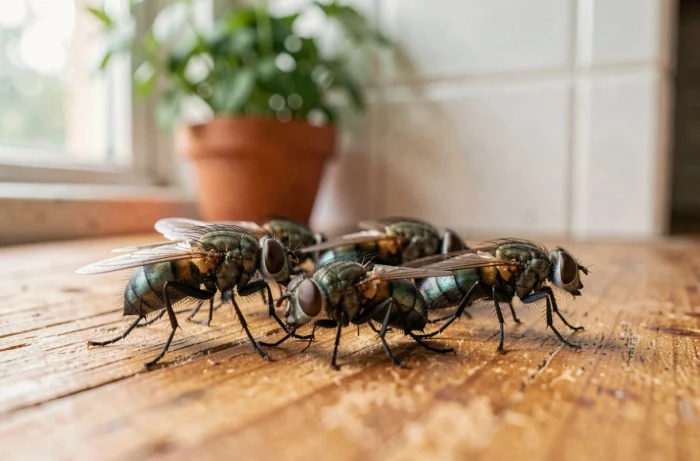 Gros plan de mouches domestiques posées sur un rebord de fenêtre en bois dans une cuisine, détails macro réalistes