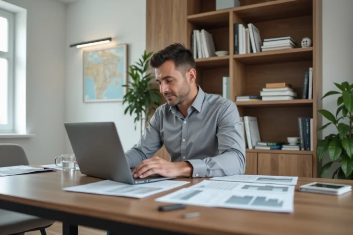 Investisseur immobilier analysant des rapports de marché et des tendances sur un ordinateur portable dans un bureau moderne à domicile