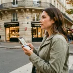 Femme consultant Google Maps pour un itinéraire à pied dans une rue parisienne avec son smartphone