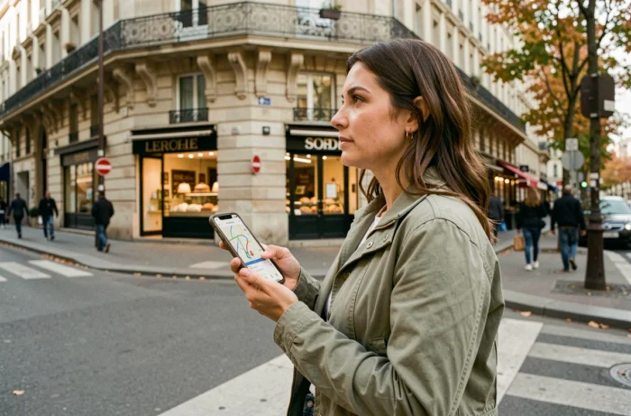 Femme consultant Google Maps pour un itinéraire à pied dans une rue parisienne avec son smartphone