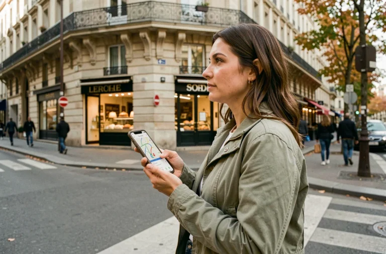 Femme consultant Google Maps pour un itinéraire à pied dans une rue parisienne avec son smartphone