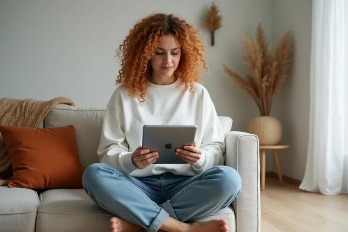 Jeune femme consultant le plan d'un site de mode sur une tablette dans un salon minimaliste