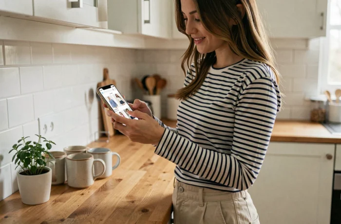 Jeune femme consultant des offres mode sur son smartphone dans une cuisine moderne, cherchant des bonnes affaires en ligne