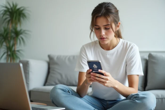 Jeune femme perplexe consultant son smartphone pour résoudre un problème de connexion à FranceConnect Parloir dans un salon moderne