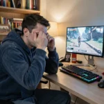 Jeune homme épuisé devant son bureau de gaming tard le soir, se frottant les yeux après une longue session de jeux vidéo