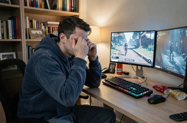 Jeune homme épuisé devant son bureau de gaming tard le soir, se frottant les yeux après une longue session de jeux vidéo