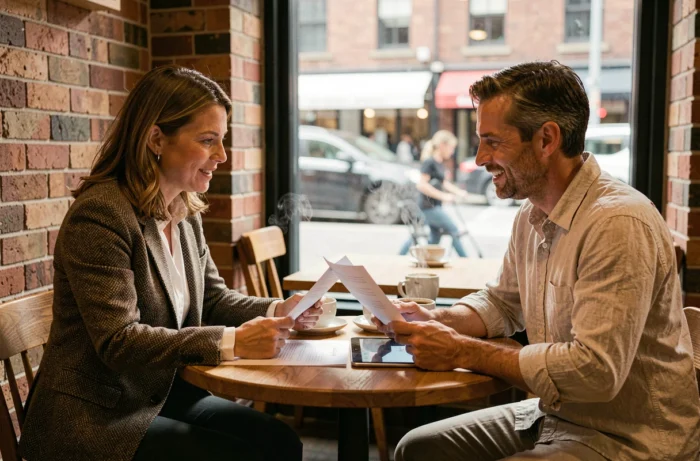 Deux journalistes discutant de documents dans un café, illustrant les investigations et confidences autour des rumeurs de mariage d'Elon Musk en 2025