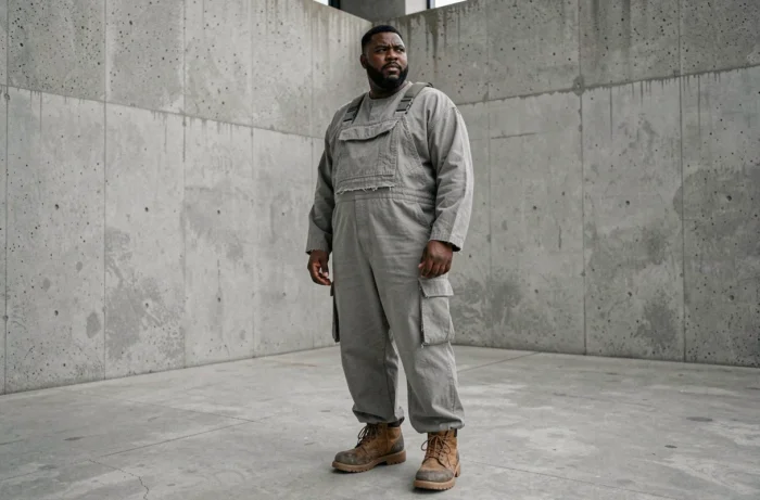 Homme en ensemble technique minimaliste gris dans un espace brutaliste béton, reflétant l'esthétique anti-mode de Kanye West et Yeezy