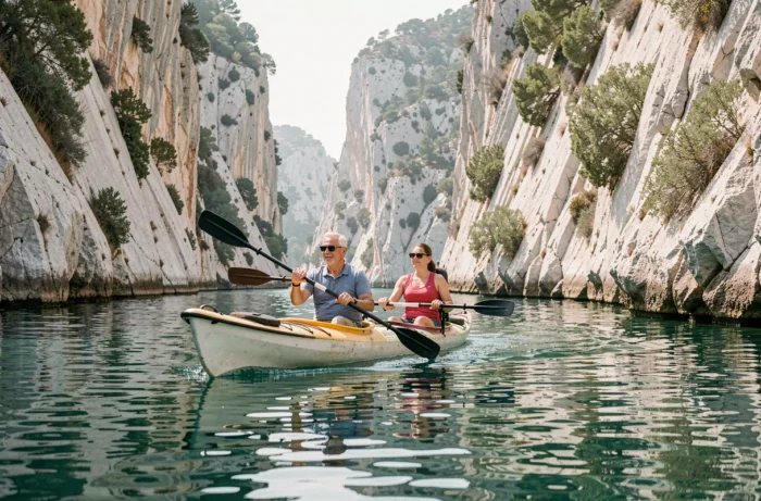 Couple en kayak dans les eaux calmes de la calanque de la Vesse, falaises calcaires impressionnantes de chaque côté