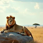 Lion mâle au repos sur un rocher de granit dans la savane africaine avec un horizon de plaines et d'acacias