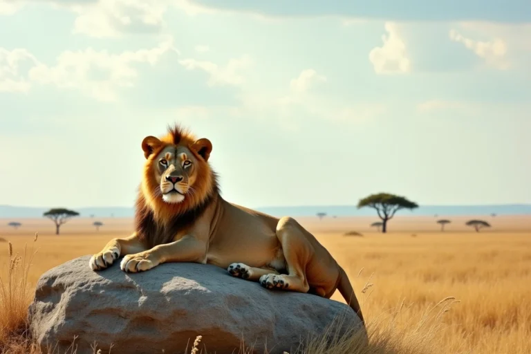 Lion mâle au repos sur un rocher de granit dans la savane africaine avec un horizon de plaines et d'acacias