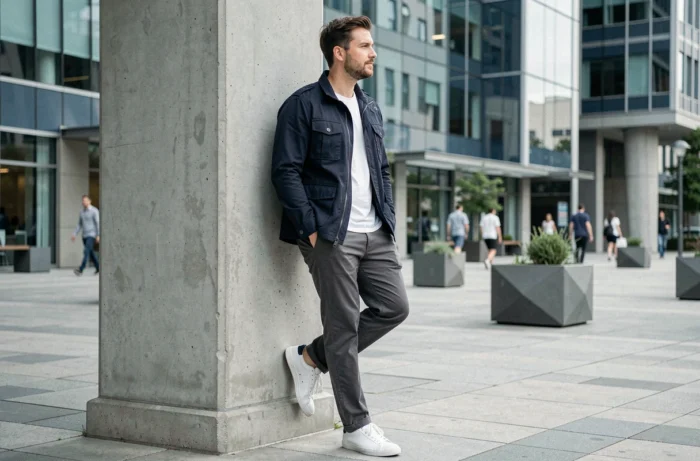 Homme en veste utilitaire navy dans un espace urbain moderne, look masculin tendance pour renouveler sa garde-robe en ville